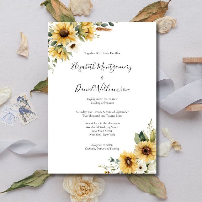 Sunflowers Rustic Farmhouse Elegant Formal Wedding Invitation (Sunflower Watercolor Florals Rustic Farmhouse Country Wedding invitation, Printed or Digital)