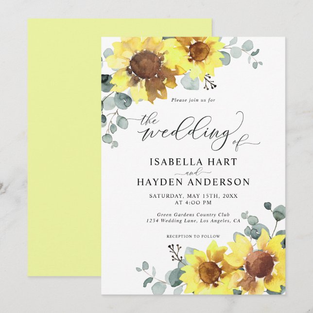 Sunflowers Rustic Floral Eucalyptus Yellow Wedding Invitation (Front/Back)