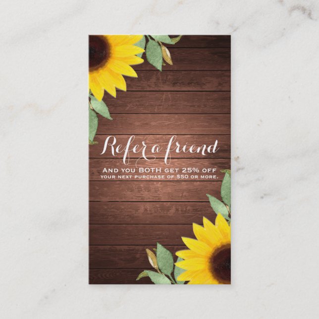 Sunflowers Rustic Honey Wood Chic Refer a Friend Referral Card (Front)