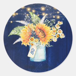 Sunflowers Rustic Navy Blue Fall Wedding Mason Jar Classic Round Sticker