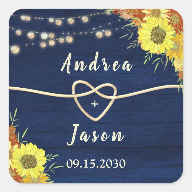 Sunflowers Rustic Navy Blue Wedding Favour Square Sticker (Front)