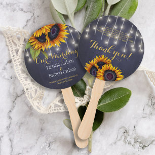 Sunflowers rustic navy chalkboard wedding favour hand fan