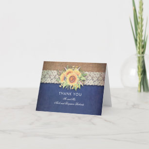Sunflowers Rustic Navy Wedding Thank You Card