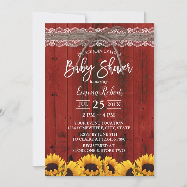 Sunflowers Rustic Red Barn Lace Twine Baby Shower Invitation (Front)
