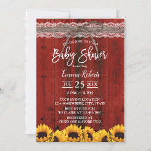 Sunflowers Rustic Red Barn Lace Twine Baby Shower Invitation