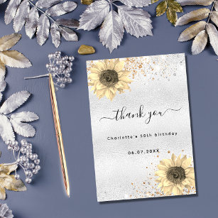 Sunflowers rustic silver go glitter thank you card