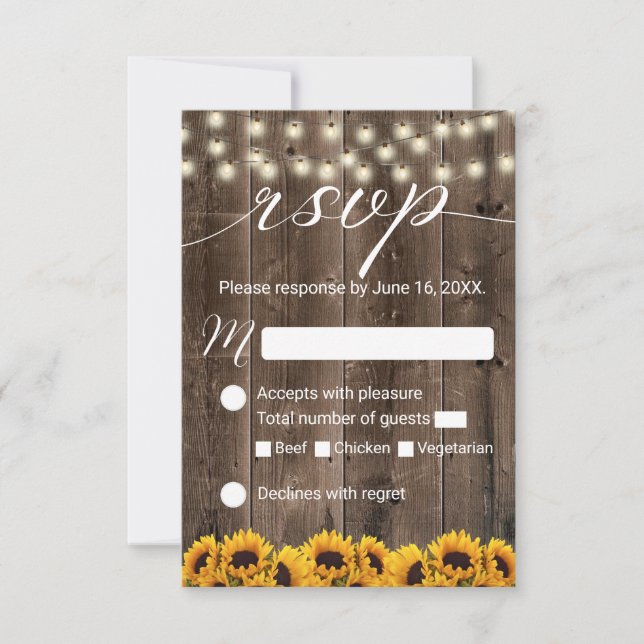 Sunflowers Rustic String Lights Wedding RSVP Card (Front)