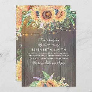 Sunflowers Rustic String Lights Wood Baby Shower Invitation