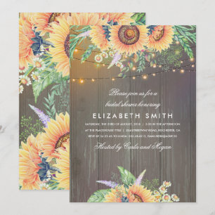 Sunflowers Rustic String Lights Wood Bridal Shower Invitation
