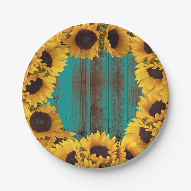 Sunflowers Rustic Teal Barn Wood Paper Plate (Front)