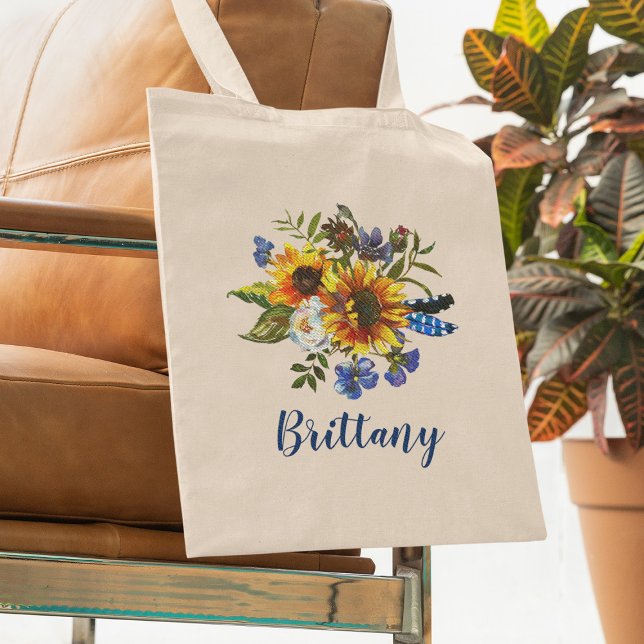Sunflowers Rustic Watercolor Bridesmaid Name Tote Bag (Creator Uploaded)