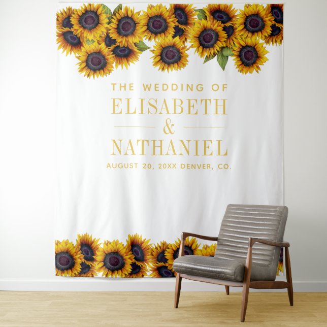 Sunflowers rustic wedding photo booth backdrop tapestry (In Situ)