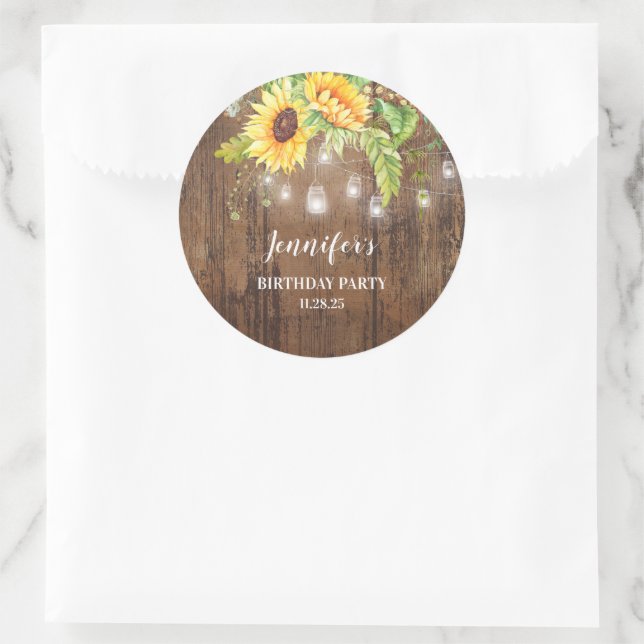 Sunflowers, Rustic Wood, and Lights Classic Round Sticker (Bag)