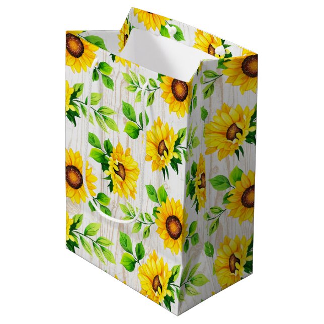 Sunflowers & Rustic Wood Botanical Pattern Party Medium Gift Bag (Front Angled)