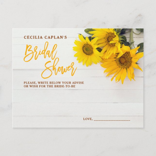 Sunflowers Rustic Wood Bridal Shower Advise Card (Front)