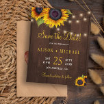 Sunflowers rustic wood budget save date wedding<br><div class="desc">Rustic elegant summer or autumn fall wedding stylish BUDGET save the date template (NO ENVELOPES INCLUDED) on maroon dark brown barn wood featuring bunches of sunflowers and strings of twinkle lights. Easy to personalise with your details. You can choose to customise it further changing fonts and colours of lettering. The...</div>