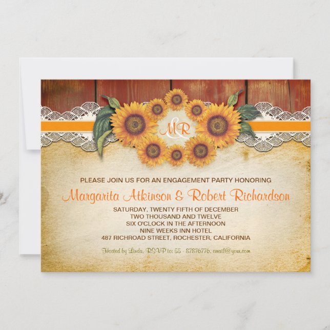 Sunflowers Rustic Wood engagement party invites (Front)