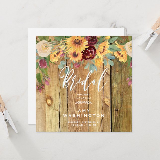 Sunflowers Rustic Wood Floral Bridal Shower Invitation (Front/Back In Situ)