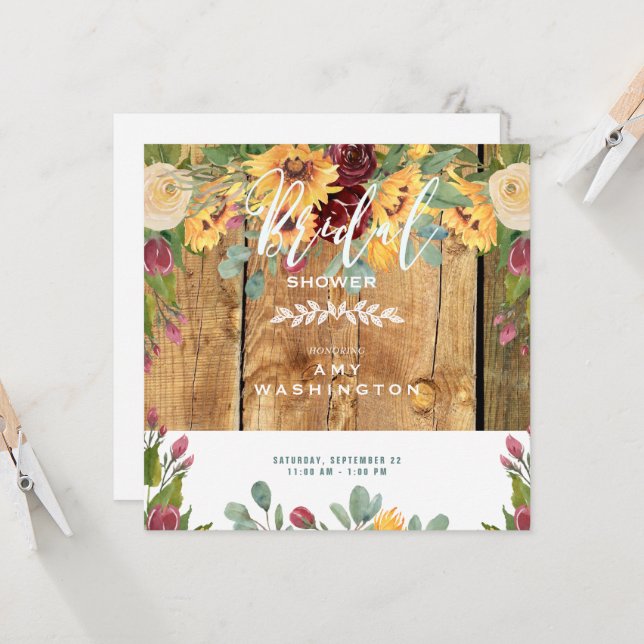 Sunflowers Rustic Wood Floral Bridal Shower Invitation (Front/Back In Situ)