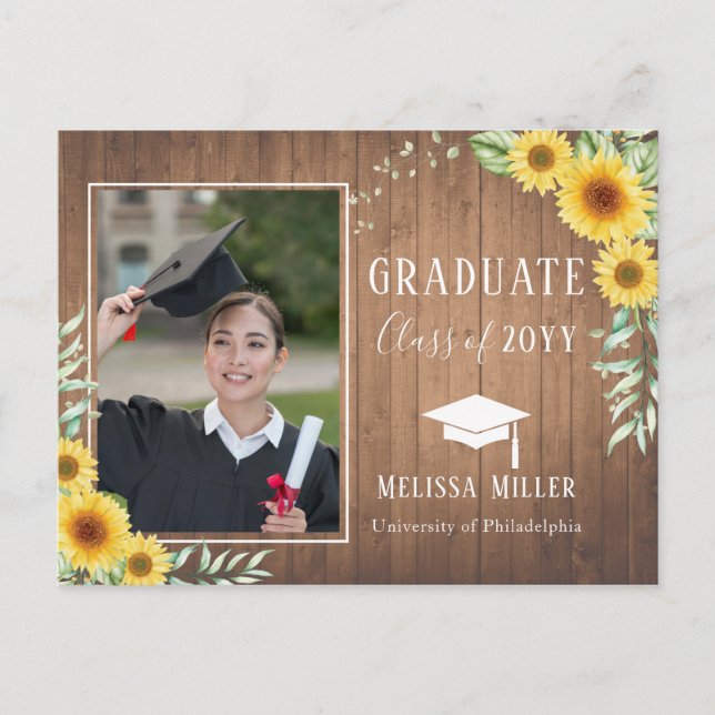 Sunflowers rustic wood Graduation  Holiday Postcard (Front)