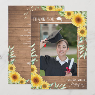 Sunflowers rustic wood Graduation Thank you Card