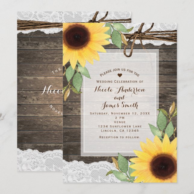 Sunflowers Rustic Wood  & Lace Country Wedding Invitation (Front/Back)