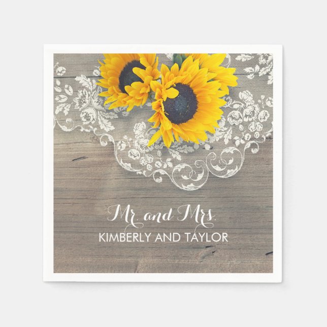 Sunflowers Rustic Wood Lace Country Wedding Napkin (Front)