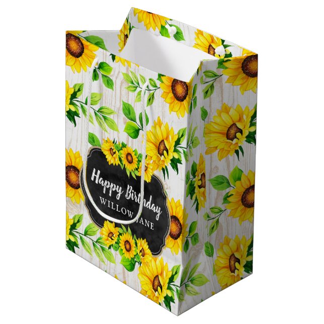 Sunflowers & Rustic Wood Pattern Party Custom Name Medium Gift Bag (Front Angled)