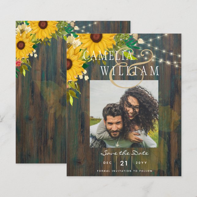 Sunflowers Rustic Wood PHOTO Wedding Save the Date (Front/Back)