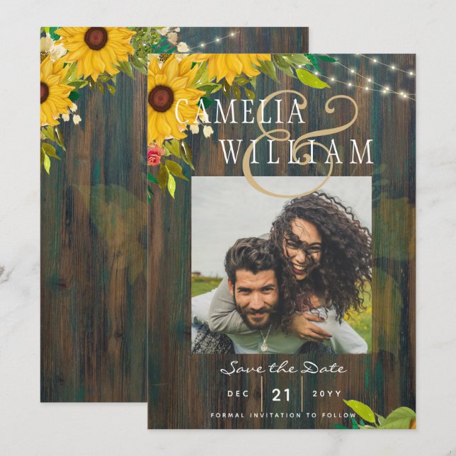 Sunflowers Rustic Wood PHOTO Wedding Save the Date Invitation (Front/Back)