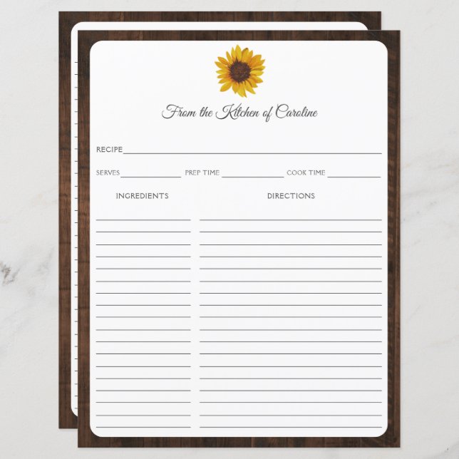 Sunflowers Rustic Wood Recipe Card Binder Insert (Front/Back)