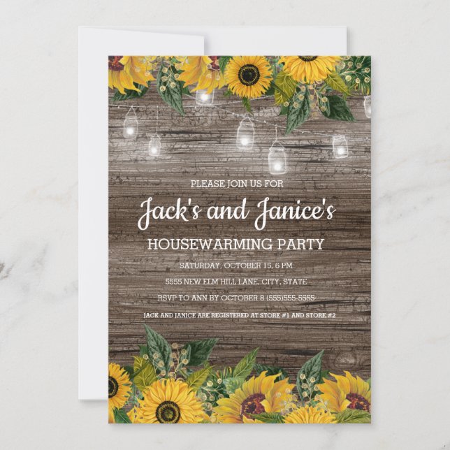 Sunflowers Rustic Wood String Lights Housewarming Invitation (Front)