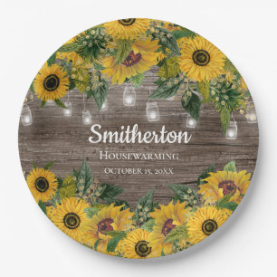 Sunflowers Rustic Wood String Lights Housewarming  Paper Plate