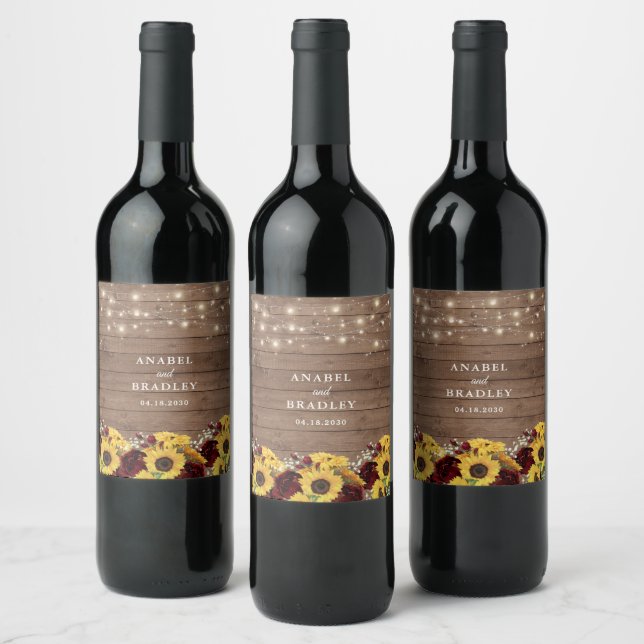 Sunflowers Rustic Wood String Lights Wedding Wine Label (Bottles)