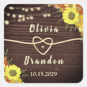 Sunflowers Rustic Wood Wedding Favour Square Sticker
