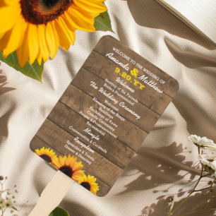 Sunflowers & Rustic Wood Wedding Program Hand Fans
