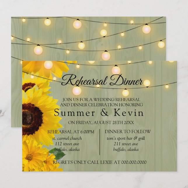 Sunflowers Sage Wood Lights Rehearsal Dinner Invitation (Front/Back)