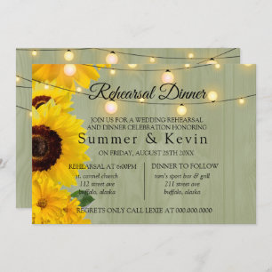 Sunflowers Sage Wood Lights Rehearsal Dinner Invitation