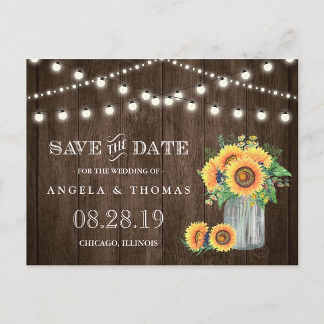 Sunflowers Save the Date Rustic Wood String Lights Announcement Postcard (Front)