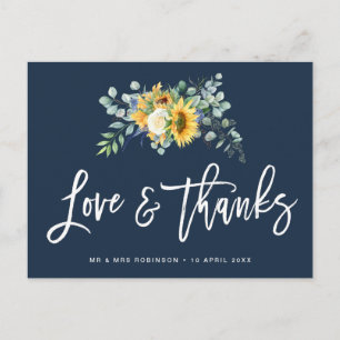 sunflowers script navy blue wedding thank you card