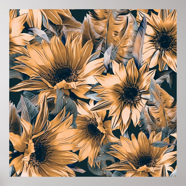 Sunflowers seamless pattern. Autumn watercolor bac Poster (Front)