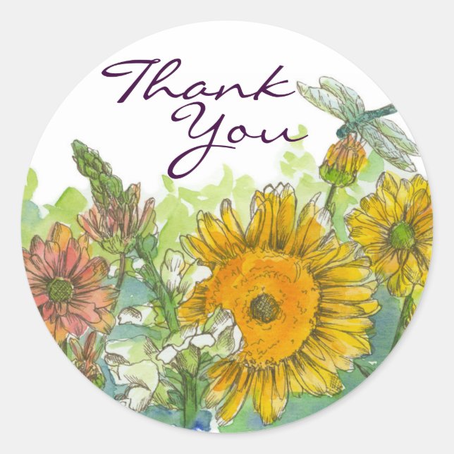 Sunflowers Snapdragon Flowers Dragonfly Thank You Classic Round Sticker (Front)