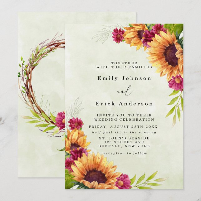Sunflowers Spring Pink Floral Rustic Wedding Invitation (Front/Back)