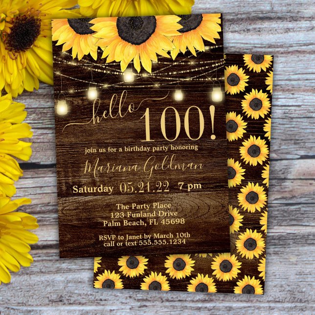 Sunflowers String Lights 100th Birthday Party Invi Invitation (Creator Uploaded)