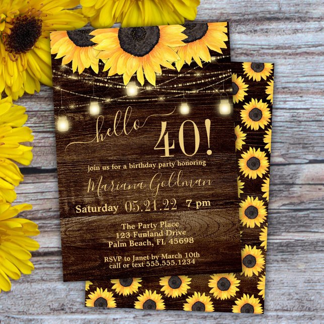 Sunflowers String Lights 40th Birthday Party Invit Invitation (Creator Uploaded)