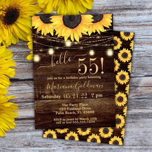 Sunflowers String Lights 55th Birthday Party Invit Invitation (Creator Uploaded)