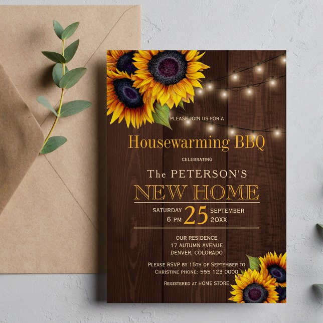 Sunflowers string lights autumn housewarming bbq invitation (Creator Uploaded)