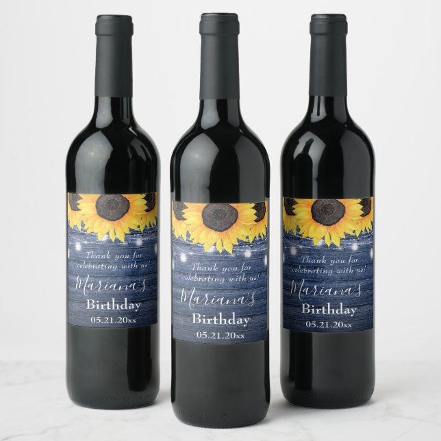 Sunflowers String Lights Blue Birthday Party Favou Wine Label (Bottles)