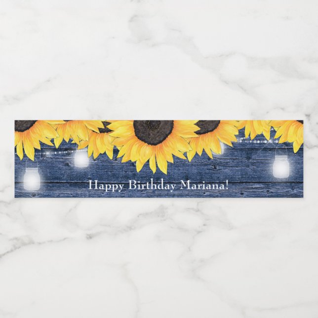 Sunflowers String Lights Blue Birthday Party Water Bottle Label (Single Label)