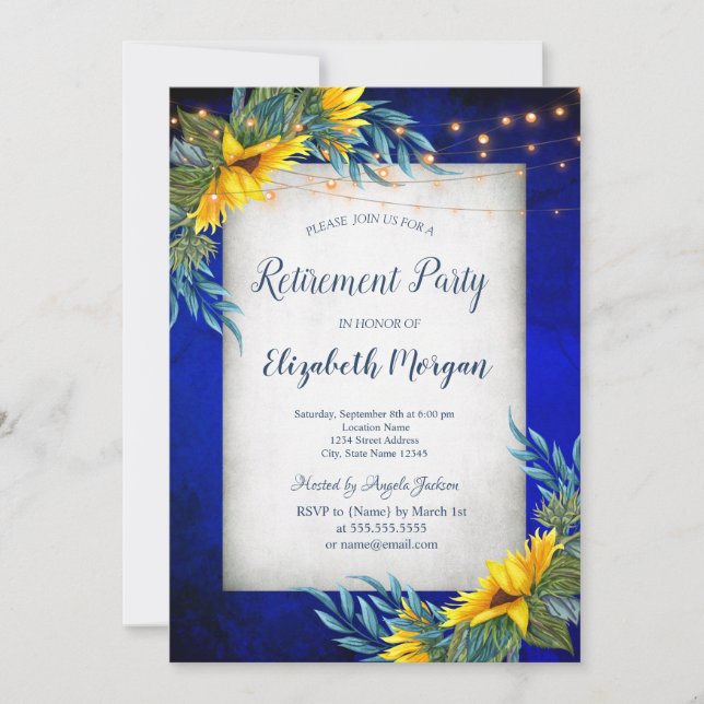  Sunflowers,String Lights Blue Retirement Invitation (Front)